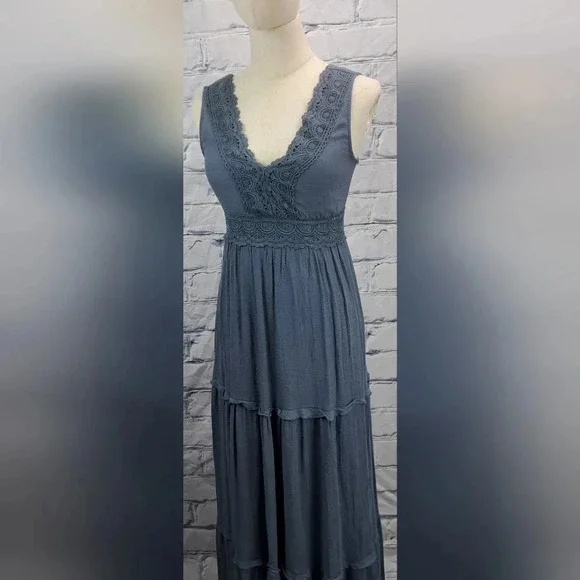 Rebellion Again Ruffled Boho Lace Maxi Dress V-Neck Dark Blue Rayon Y2K Size  XS - Picture 7 of 16